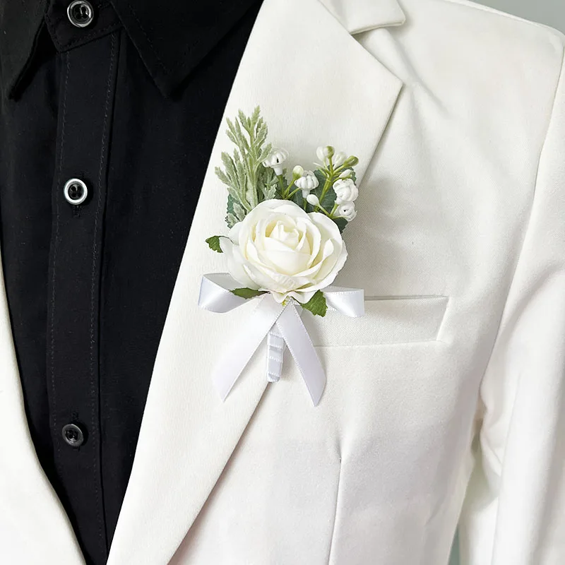 Boutonniere-Accesorios de boda para padrinos de boda, broches de flores para novio, rosas de seda blanca, ramillete Artificial, alfileres personalizables