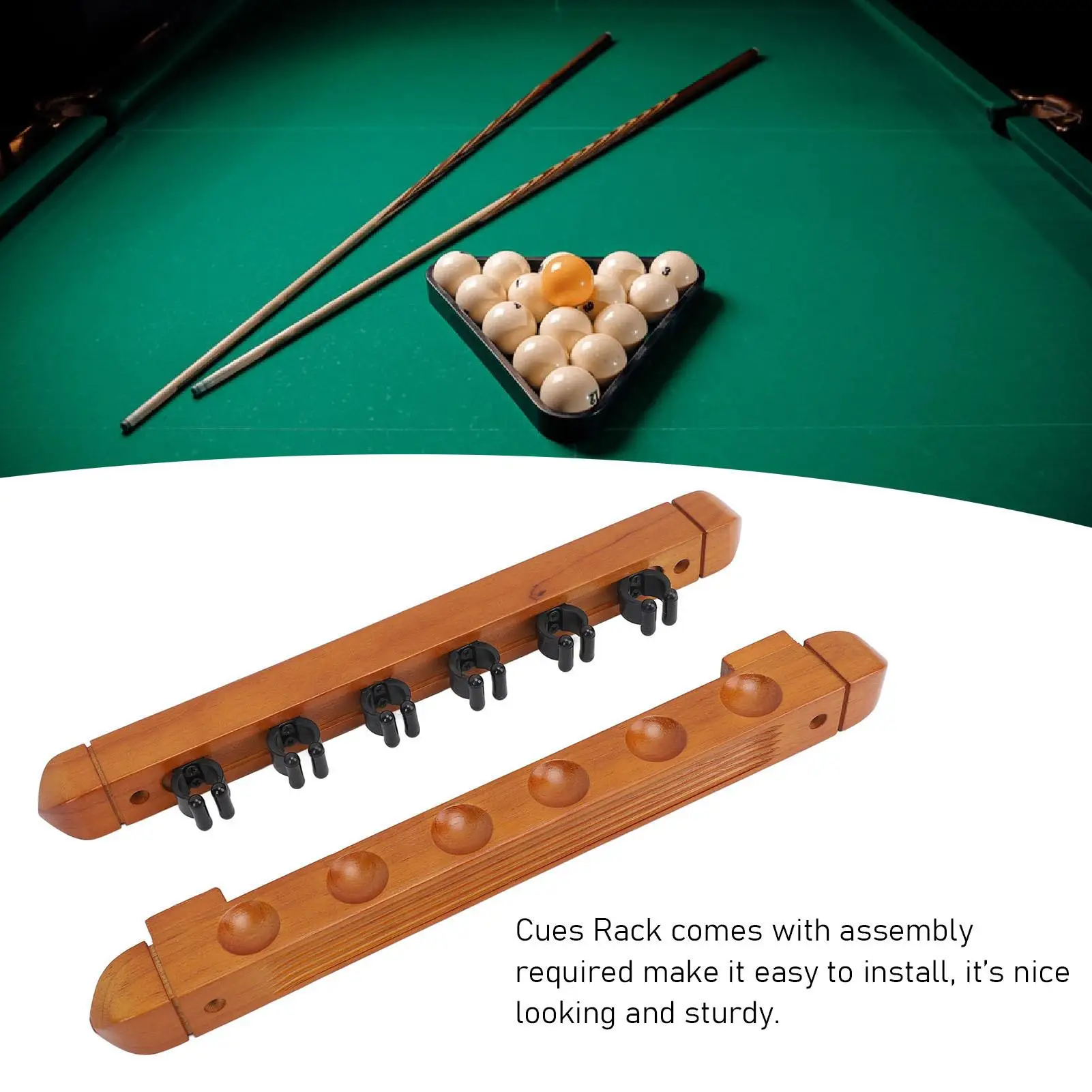 Space-Saving Wooden Billiard Rack - Easy Install Rubber Wood, 6 Hole Sturdy Design for home Pool Cues