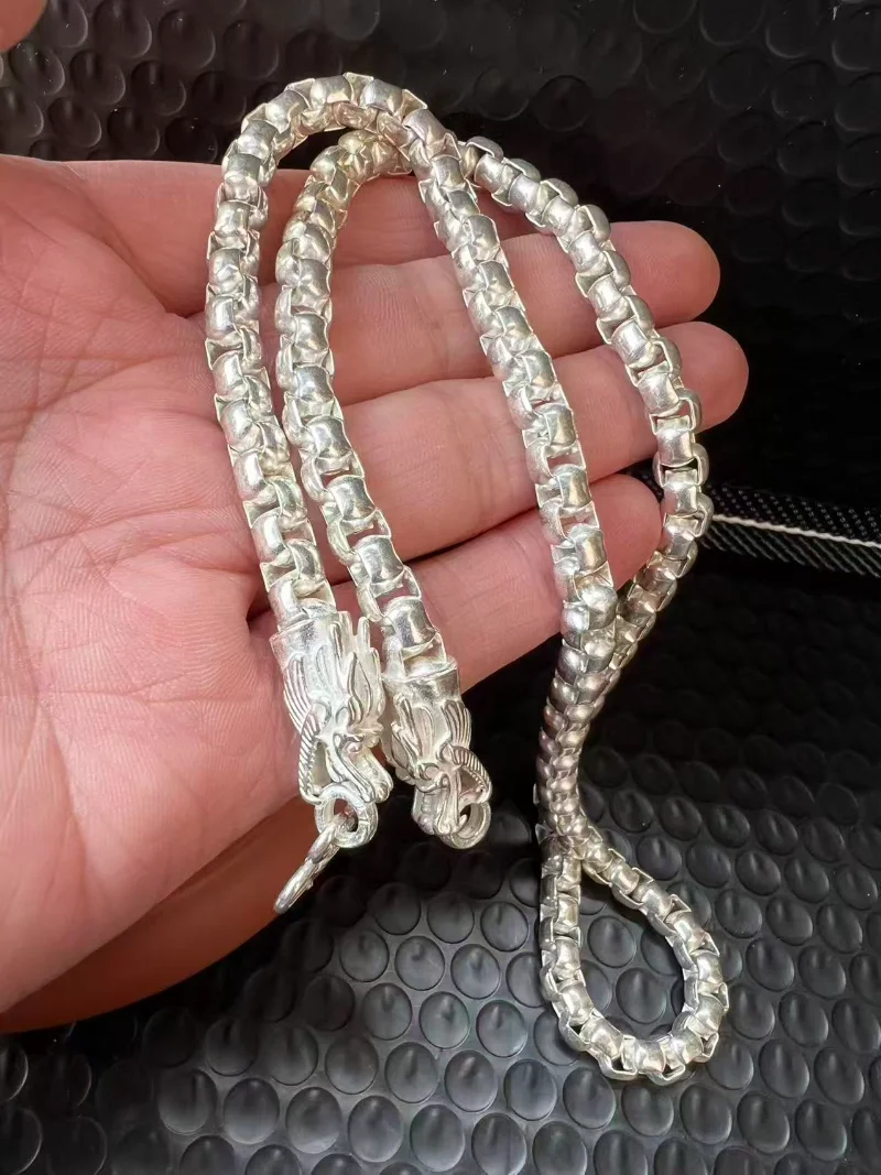 

Vintage 925 Tibetan Silver Double Dragon Head Necklace, Chinese Handmade Hollow Pendant Jewelry