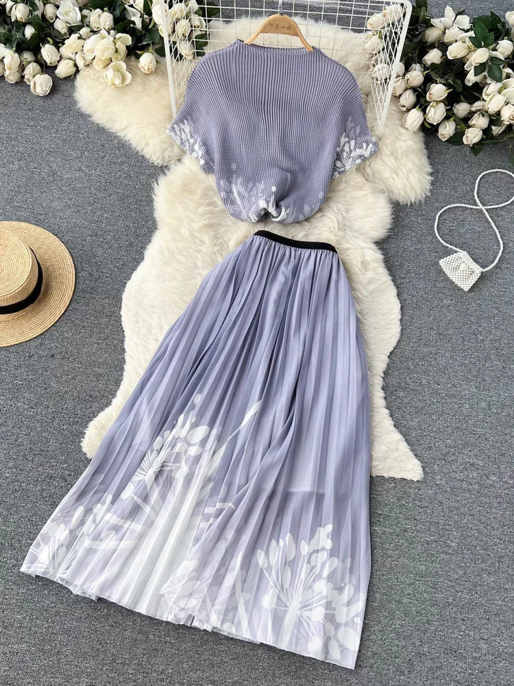 

Sweet Loose 2 Piece Set Gradient High Waist Pleated Skirt Women 2023 Summer 20 Color Printed T-shirt Beautiful Party Suit Y526