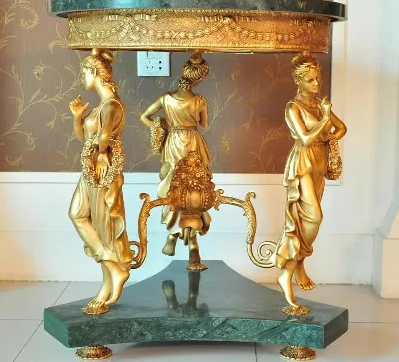 French European retro luxury villa living room entrance malachite countertop full copper table