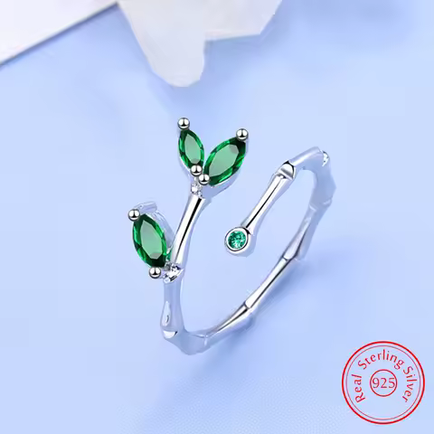 Solid 925 Sterling Silver Jewelry Leaf Vintage Green Crystal Ring For Women New FQL25116