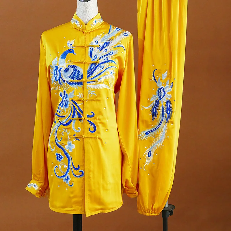 Embroidered Phoenix Tai Chi Suit Martial Arts Training Wear Men Women Medium Long Team Summer Practice Performance Outfit Design