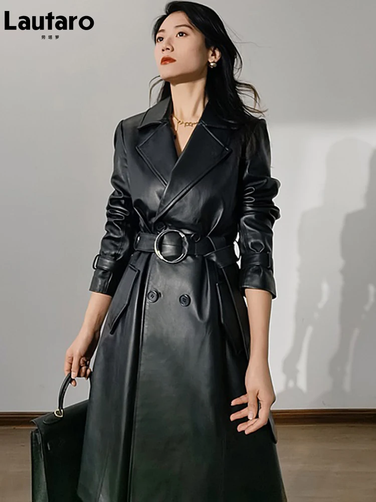 Lautaro Spring Autumn Long Fitted Black Faux Leather Trench Coat for Women Belt Double Breasted Fashion 2022 Runway Raincoat