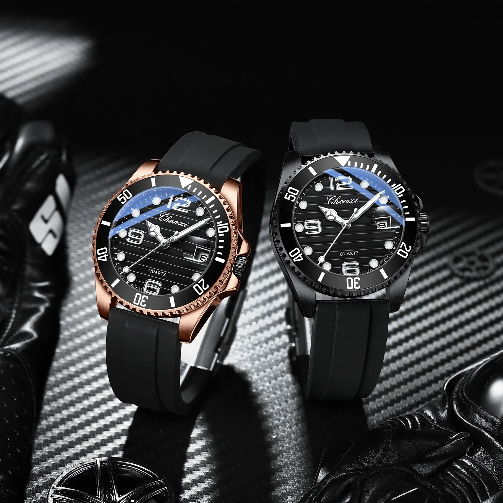 CHENXI 8285 남성용 쿼츠 시계, 아날로그 디스플레이, 실리콘 스트랩 손목 시계, 레저 패션, 블랙 로즈 골드