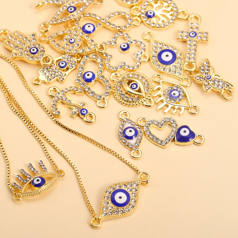10Pcs Mix Crystal Turkish Blue Evil Eye Charms Gold Plated Zircon Pendants Connector For Necklace Bracelet DIY Jewelry Accessori