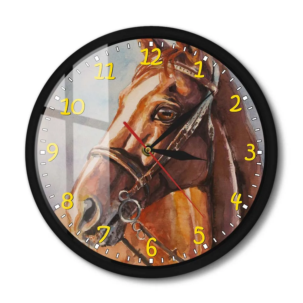 Watercolor Horse Metal Frame Wall Clock Wild Brown Horse Silent Quartz Wall Watch Equestrian Wall Art Gift For Horse Lovers