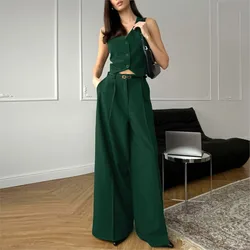 Spring And Summer Fashion V-neck Vest Pants Women's Set High-waisted Wide Leg Pants Casual Female Office 2 Piece Set 2024