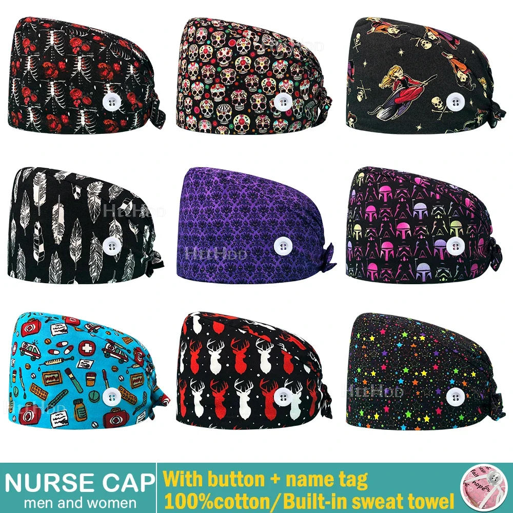 Nurse Uniform Accessories Adjustable Scrubs Cap Unisex Cotton Breathable Print Nursing Caps Pet Shop Chef Lab Work Surgicals Hat