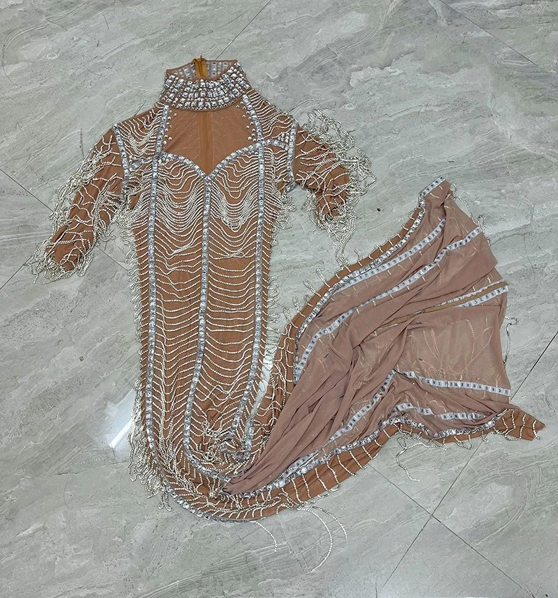 Brillant strass gland haut de gamme argent tempérament nu célébrité anniversaire robe de luxe société réunion annuelle robe de soirée