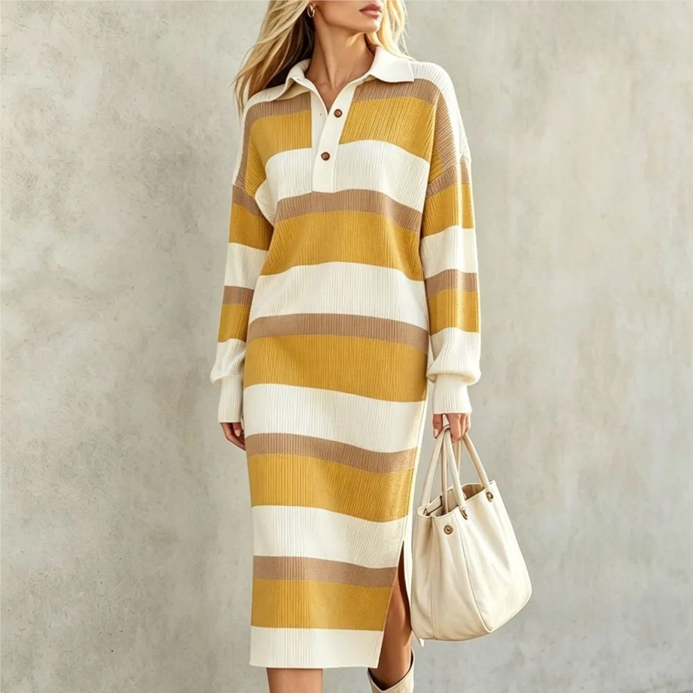 Autumn Winter ColorBlock Striped Knit Midi Dress Women's Polo Collar Button Long Sleeve Casual Loose Split Sweater Dresses