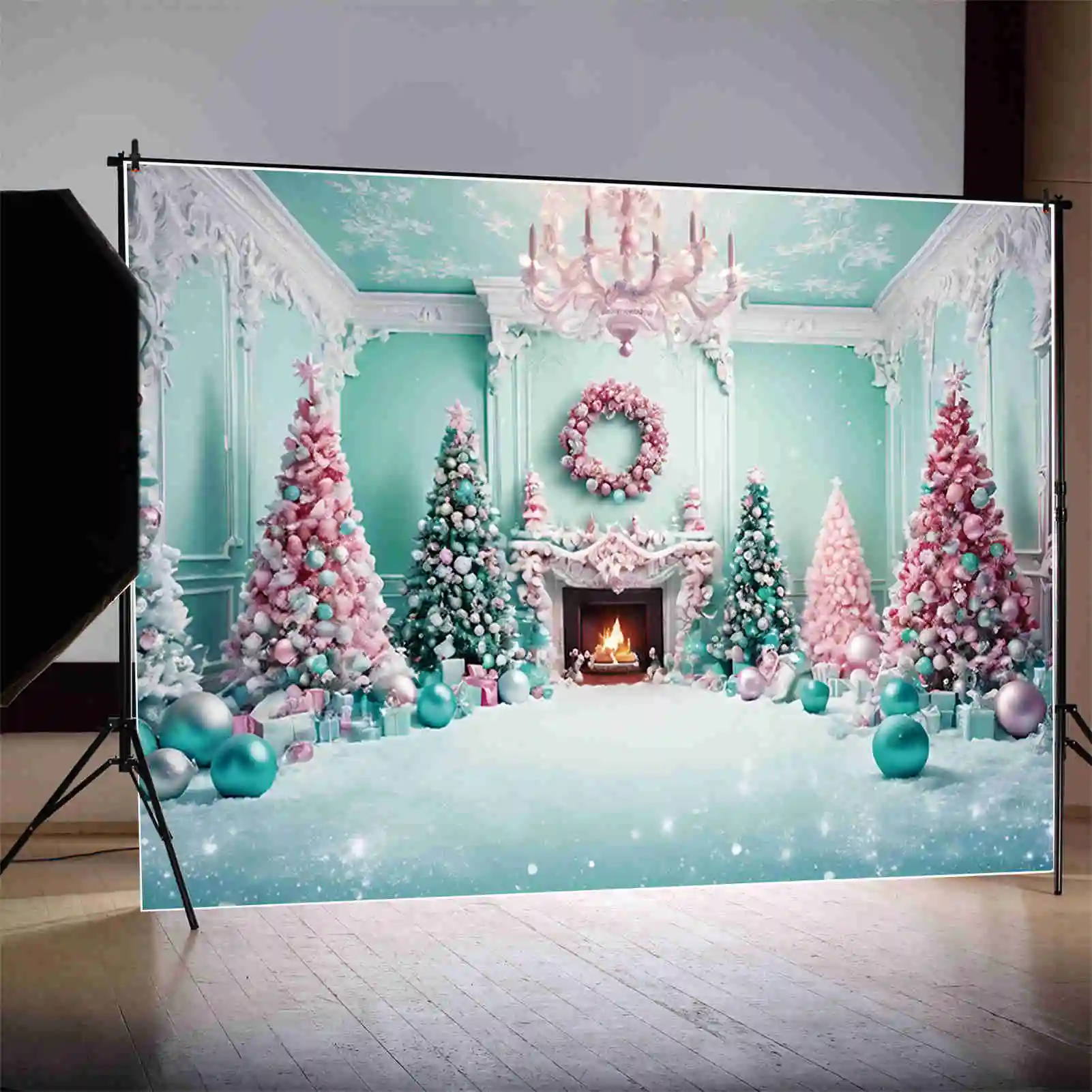 MOON.QG Christmas Blue Pink Christmas Tree Backdrops Fireplace Princess Tree Western Background Party Photocall Supplies