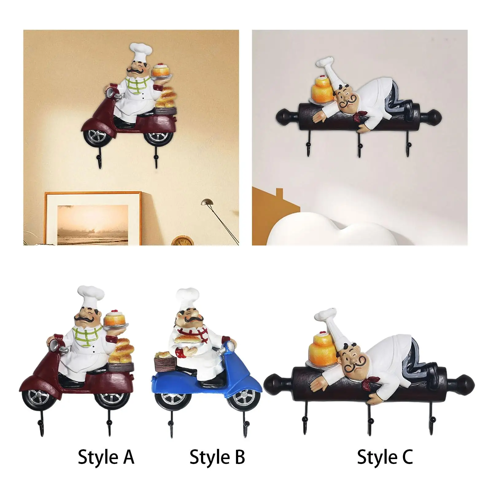 Chef Figurine Wall Hook Wall Art Decor Decorative Cute Utility Hook Wall Mount Rack Hook for Keys Hats Caps Coats Kitchen