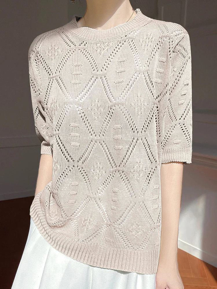 Letnia kolekcja 2025: Nowa damska bluzka z dzianiny lodowego jedwabiu, luźna, codzienna, z diamentowym wzorem, idealna do pracy i na co dzień.