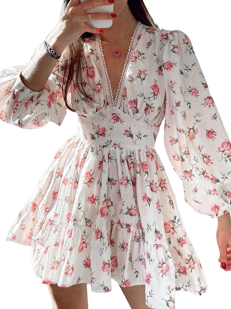 

Women´s Floral Print A-Line Mini Dress Summer Long Sleeve Deep V Neck High Waist Swing Dress Ruffle Tiered Tunic Dress