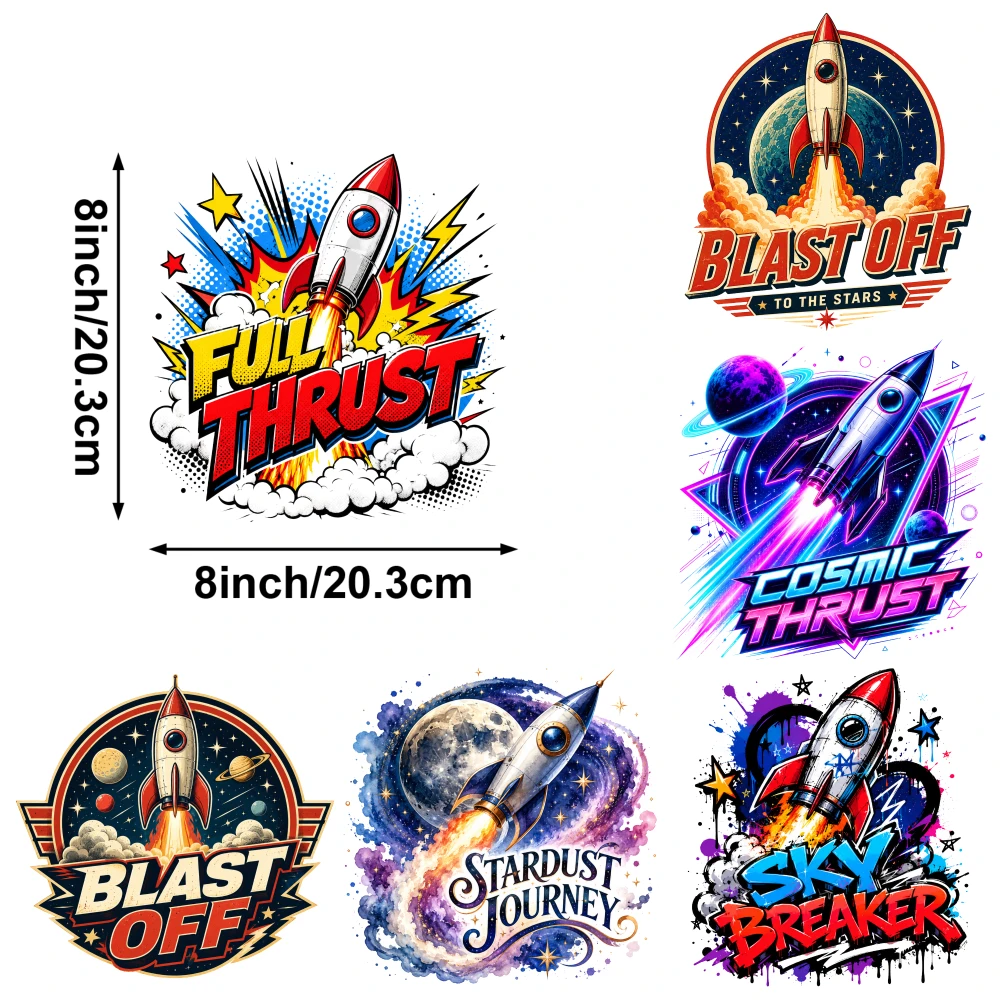 6 Pcs Blast Off Iron on Transfers Washable heat transfer stickers Press Washable Stickers Easy to heat press decals iron on