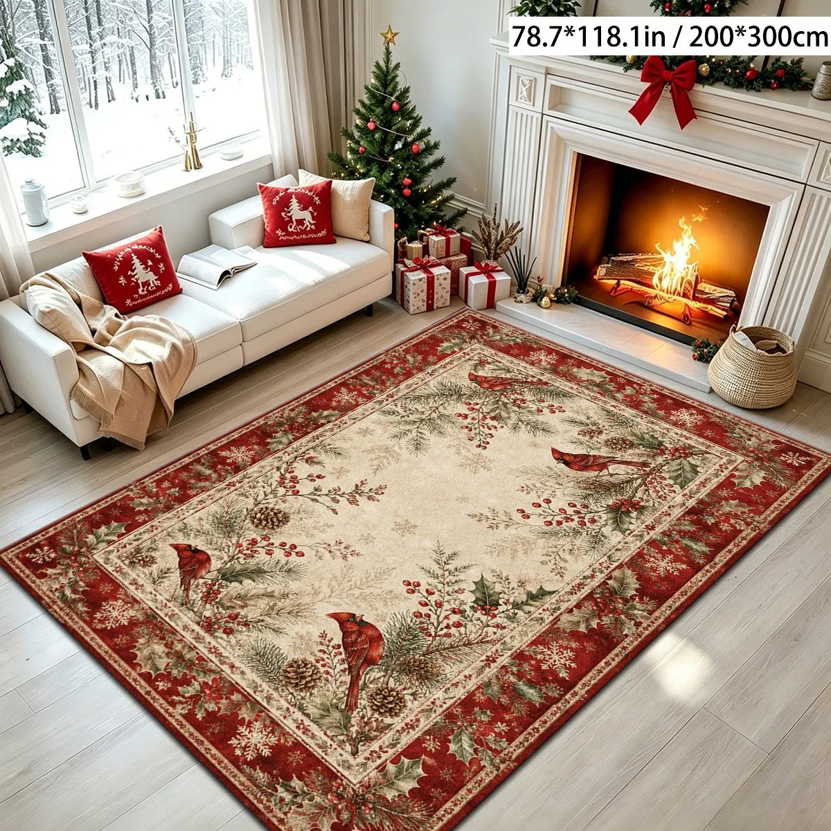 Large Living Room Carpet Christmas Cardinal Area Rug Non Slip Vintage Winter Floor Mat Washable New Year Home Decor
