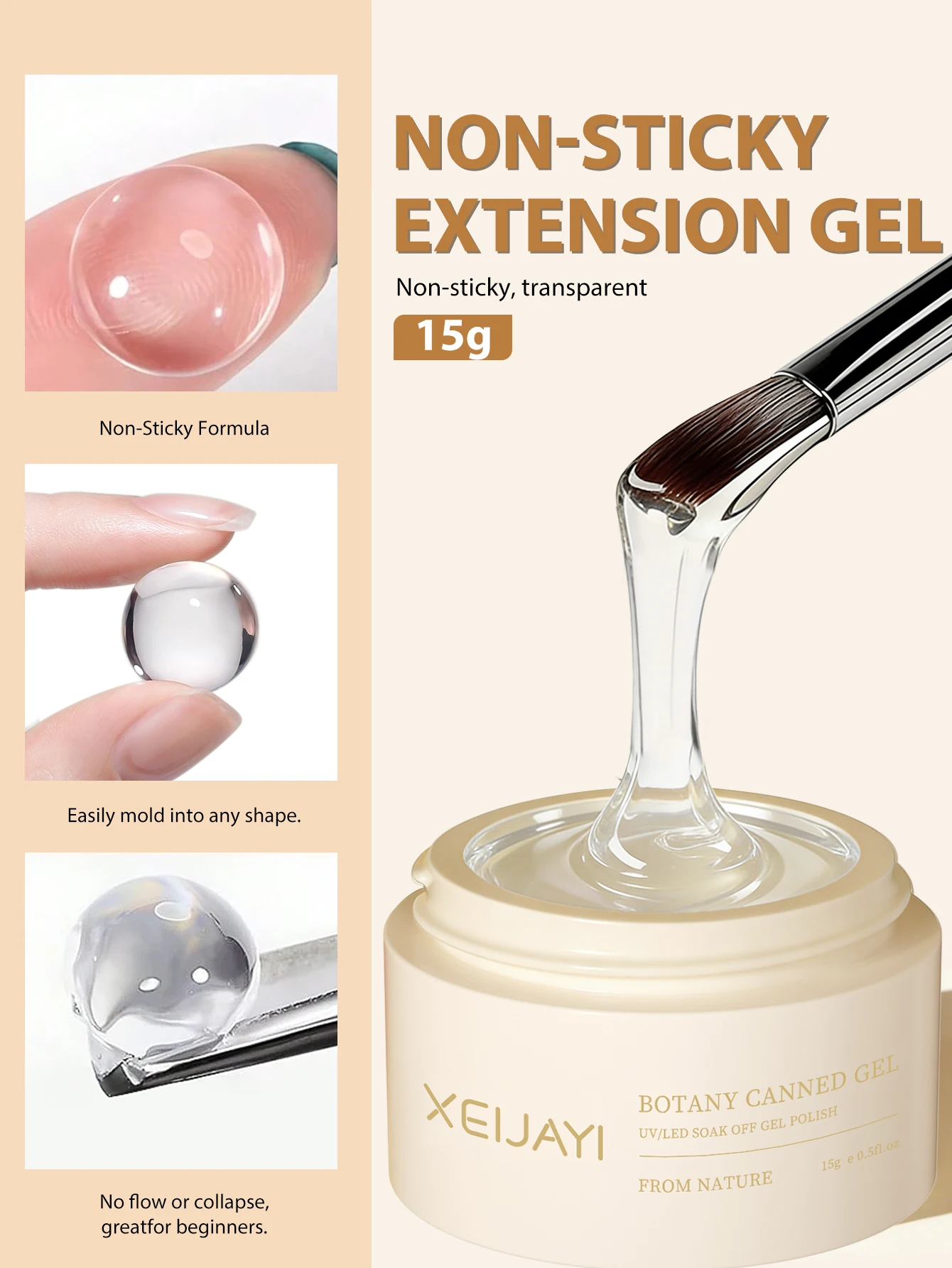 XEIJAYI 1 Stück 15g Transparentes Festes Verlängerungsgel, geeignet für Nägel, Nagelverlängerungen, harte Nägel, Nagelkunst-Funktionsgel für Frauen – Detail 3