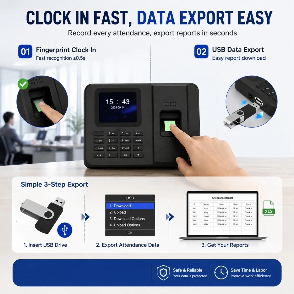 Fingerprint Time Attendance Machine 1000 Users Password USB Data Export Employee Attendance Recorder Multi-Language Optional