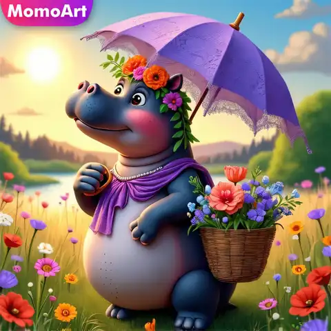 Momoart 5D DIY Diamond Mosaic Hippo Animal Picture Rhinestones Cartoon Diamond Painting Umbrella Handmade Hobby