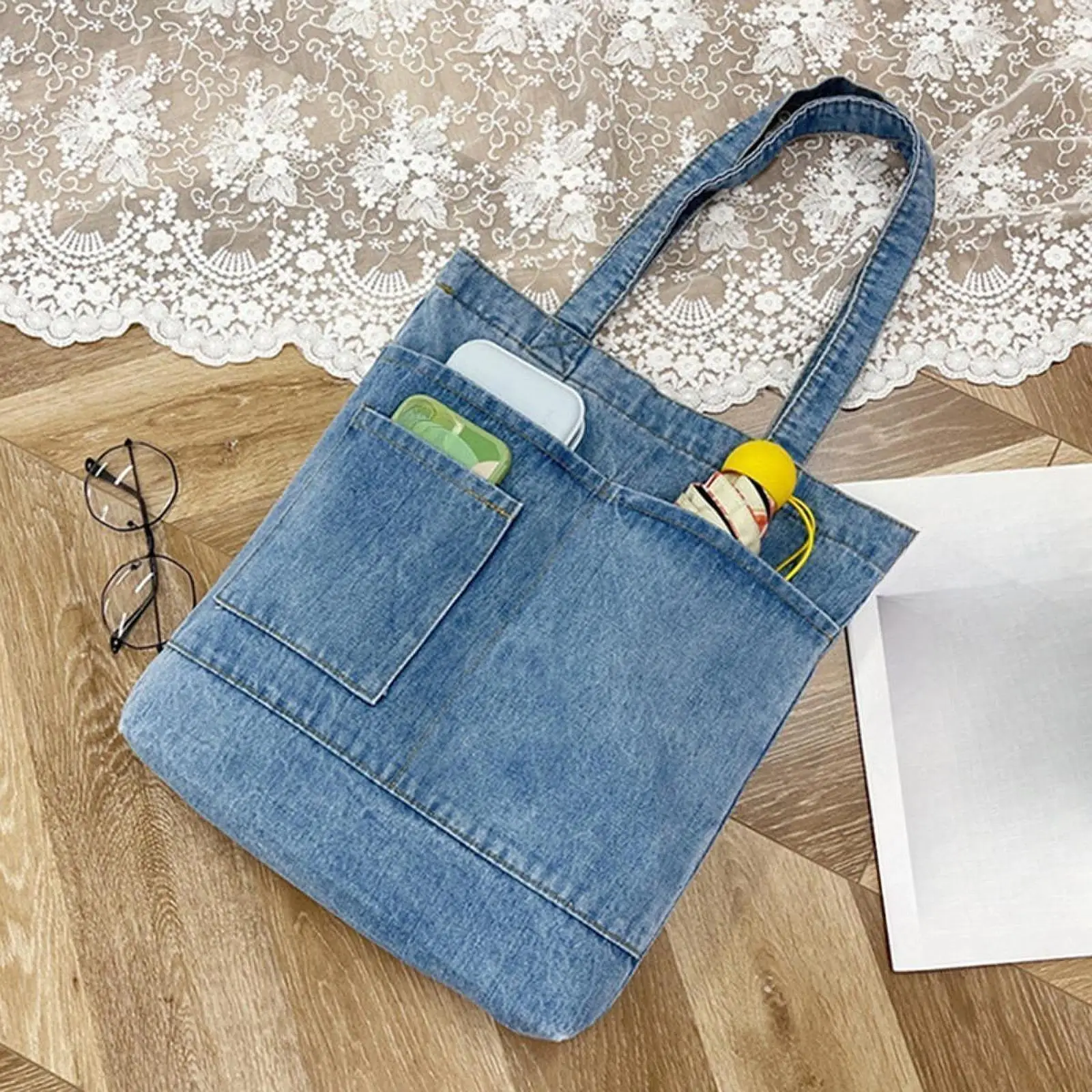 

Women Denim Tote Bag Crafting Holder Lightweight Shoulder Handbag for Work Gift