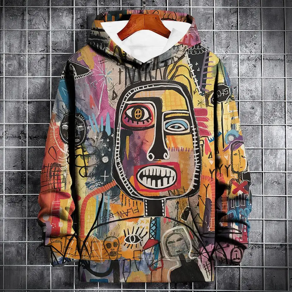 

Vintage Men's Hoodie Abstract Face Print Long Sleeve Sweatshirt Autumn Fashion Men Clothing Oversized Hoodies For Men Streetwear