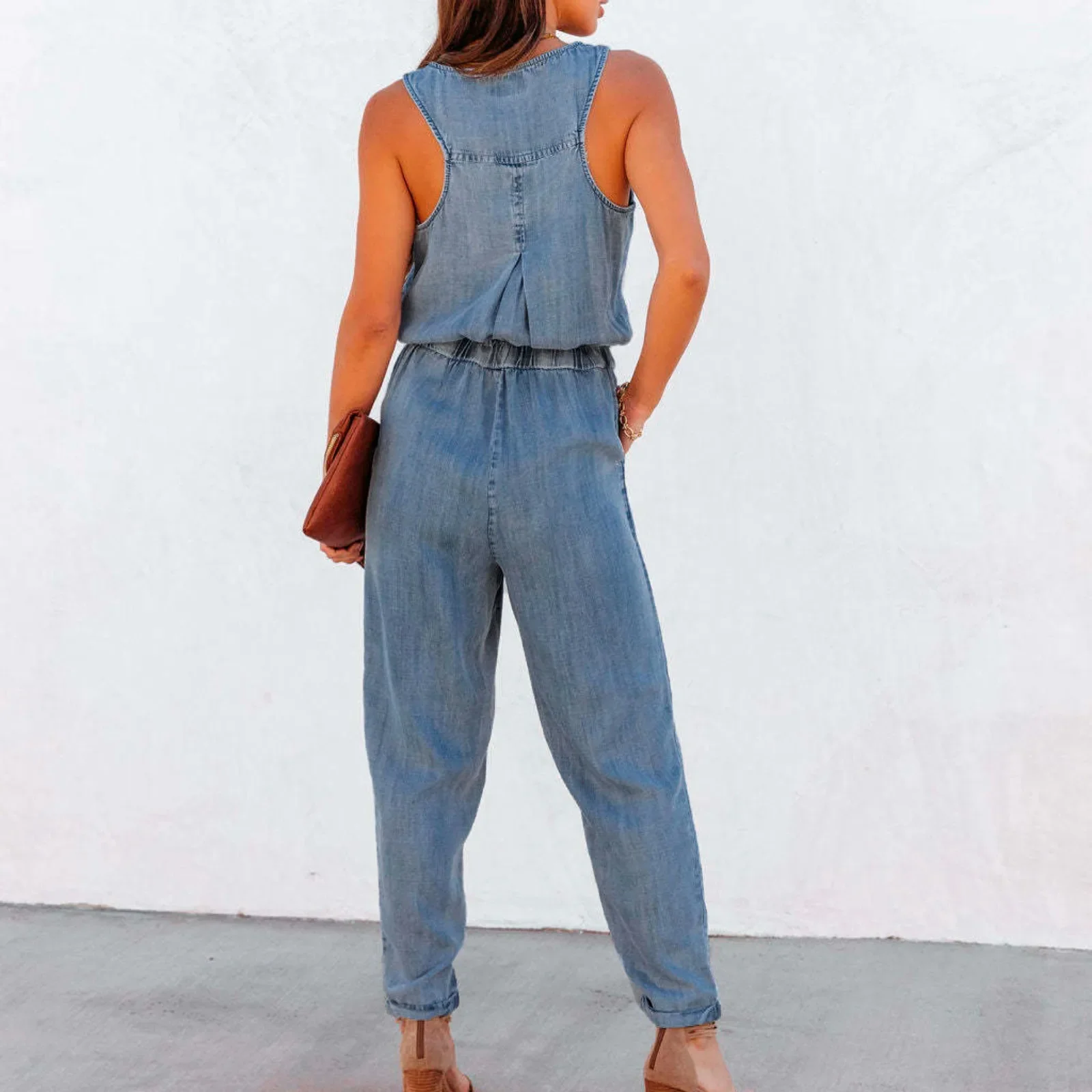 Women Fashion Solid Color Denim Overalls One-piece Jumpsuits Overalls Denim Jeans Bib Trousers Long Pants Dungarees Ropa Mujer