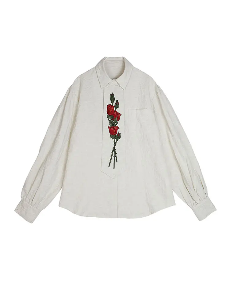 Rose Floral Embroidery Shirt Women Design Retro Lapel Long Sleeve Loose Chic Blouse Spring Shirt