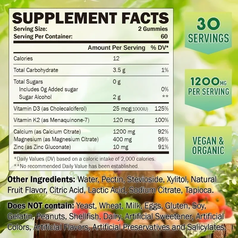 Calcium Citrate Gummies, Suitable for Children and Adults, Sugar Free, Containing Vitamins, Magnesium, Zinc, and Bone Support