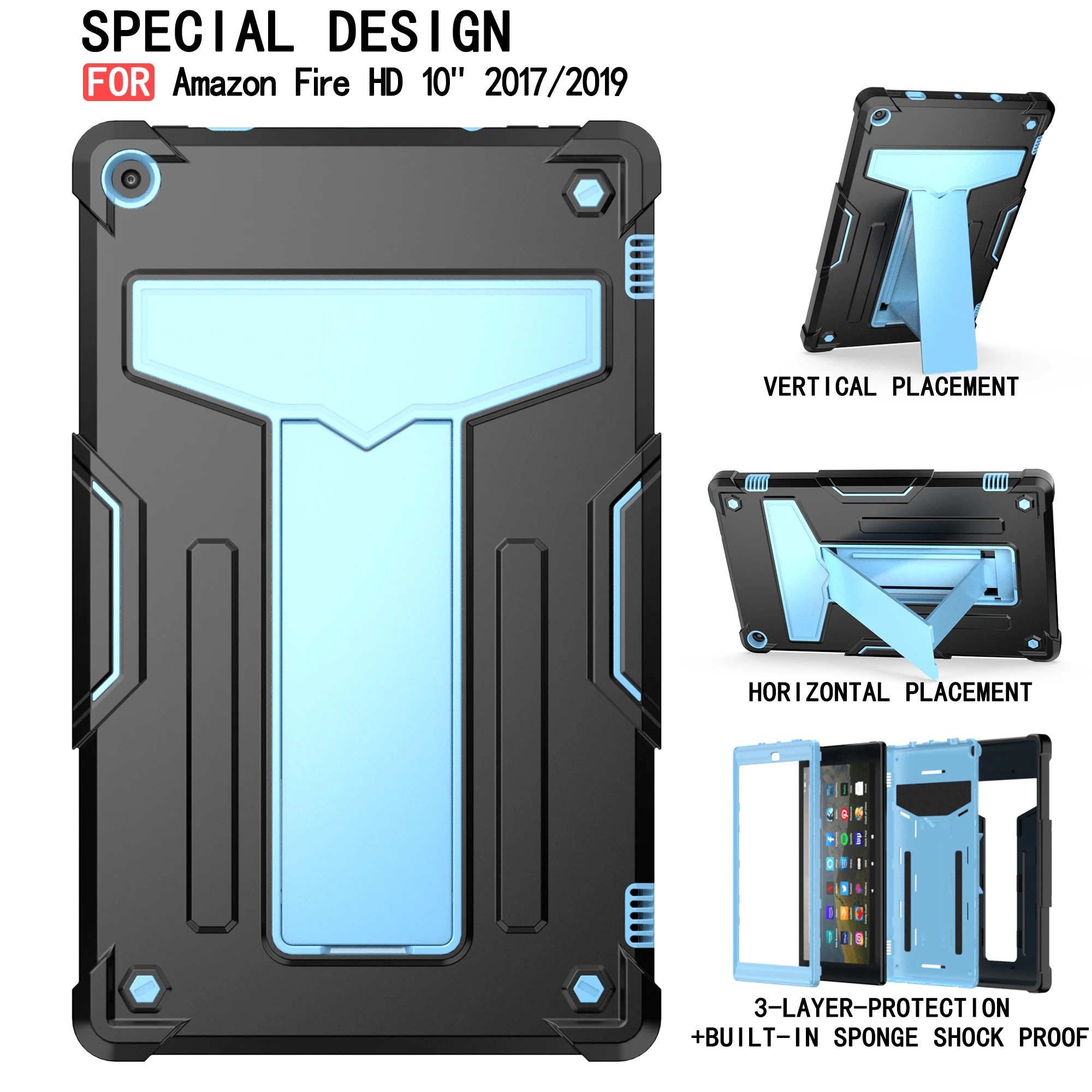 Tablet case for Amazon Fire HD 10 (2017/2019), multi-angle T-shaped stand, contrasting design, drop and shock resistance