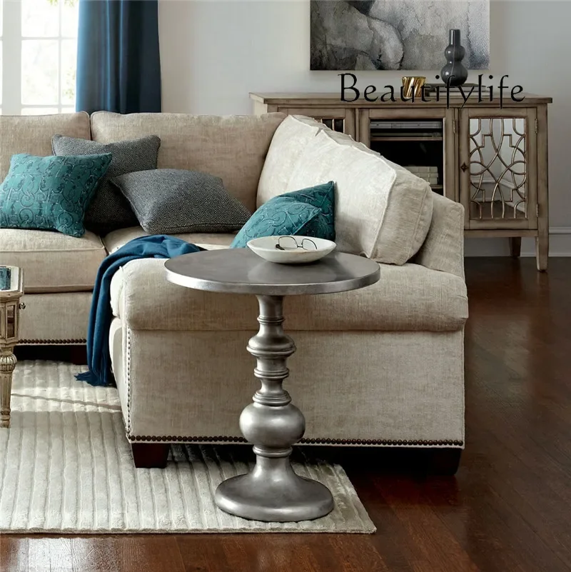 J الخشب الصلب طاولة مستديرة صغيرة غرفة نوم الإبداعية الأوروبية الرجعية الفضة طاولة القهوة غرفة المعيشة أريكة طاولة الزاوية المستديرة #4
