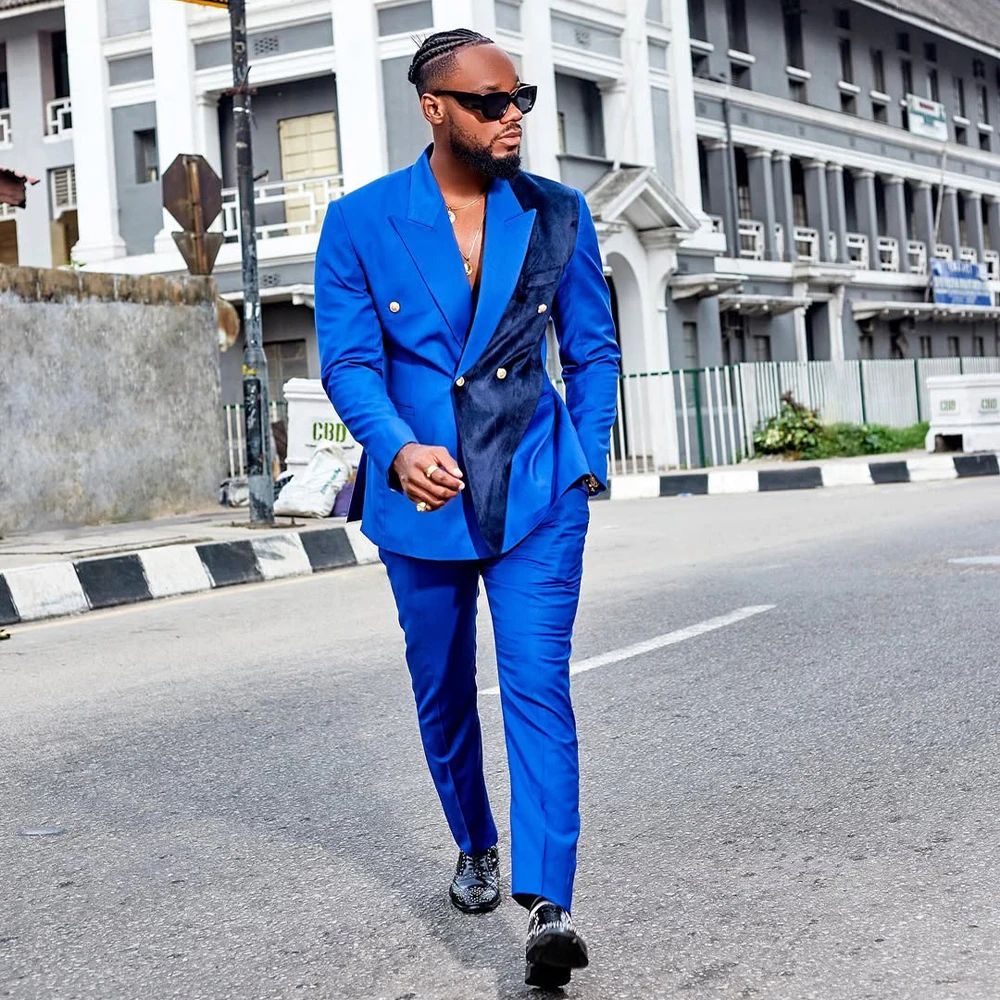 

Royal Blue Men's Suit 2 Pieces Peaked Lapel Double Breasted Prom Slim Set Business Blazer Prom Tuxedos Jacket+Pants Customized