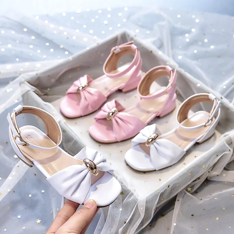Girls Party Sandals 2026 Summer Rhinestone Bow Soft Sole Princess Heels Fashion Student Dress Shoes