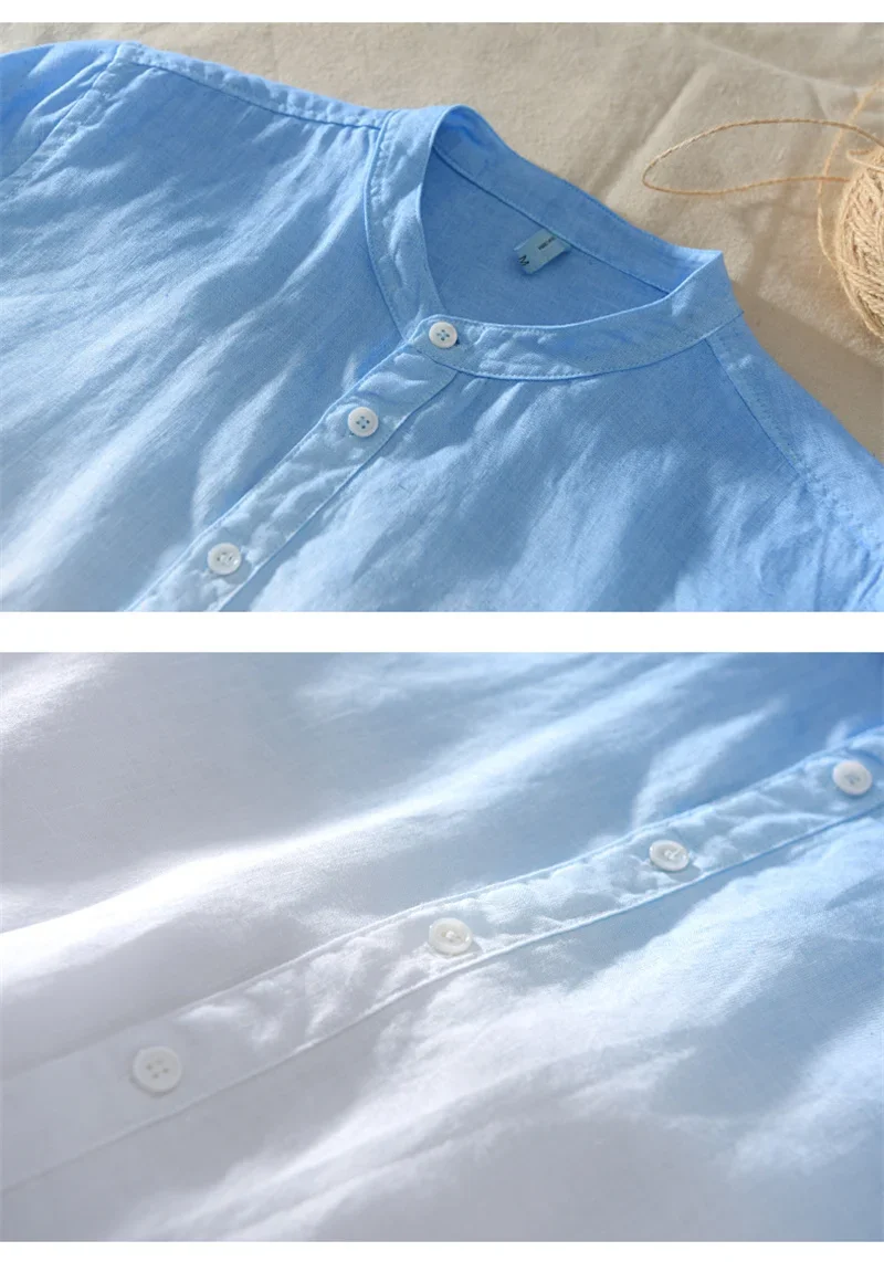 Short-sleeved shirt 100% linen cool breathable comfortable healthy material gradient blue Hawaiian beach men's cardigan shirt image 5