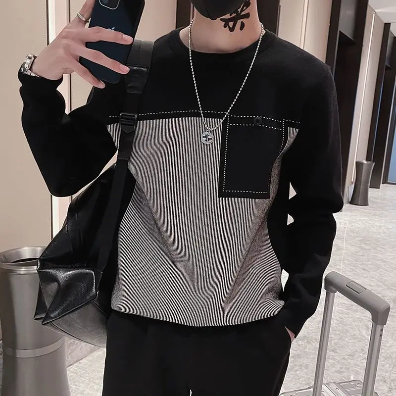 Fashion Printed Button Spliced Pockets Striped T-Shirt Men\'s Clothing 2022 Autumn New Oversized Casual Pullovers Loose Tee Shirt