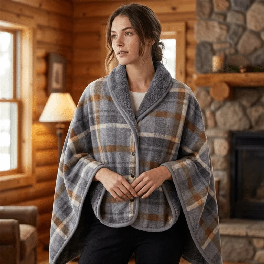 Flannel Material Wearable Blanket Plaid Pattern Soft Texture Throw Blanket Lightweight Warm Fabric Shawl Blanket Office