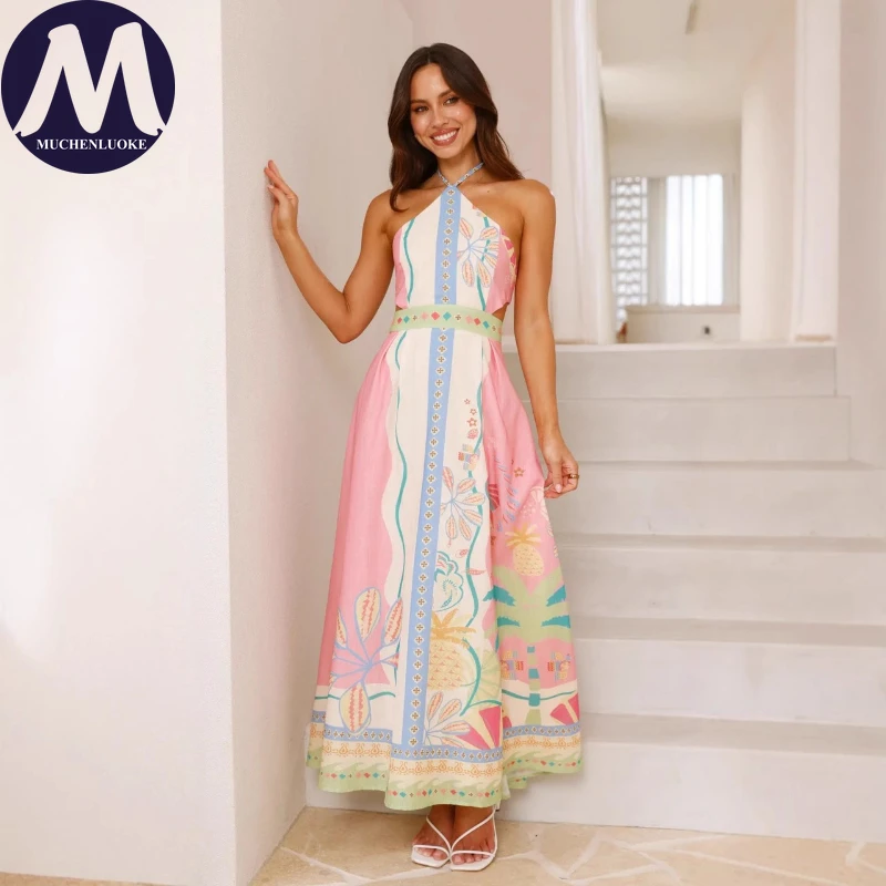 

Elegant Womens Dresses Summer Sexy Print Sleeveless Halter Dress Fashionable Slim Fit Lace Up Backless Beach Vacation Dresses