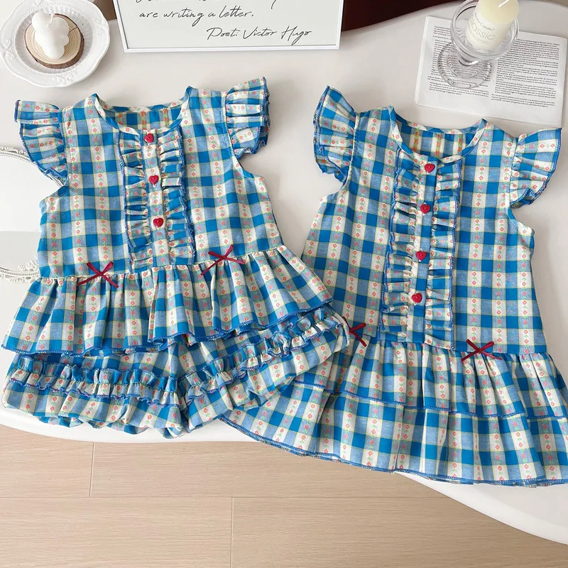 

Girls' Plaid Dress Thin2024Summer Sisters Outfit Flying Sleeve Vest Dress Fashionable Stylish Princess Dress Fashion