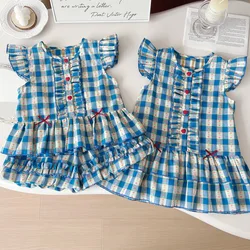 Girls' Plaid Dress Thin2024Summer Sisters Outfit Flying Sleeve Vest Dress Fashionable Stylish Princess Dress Fashion