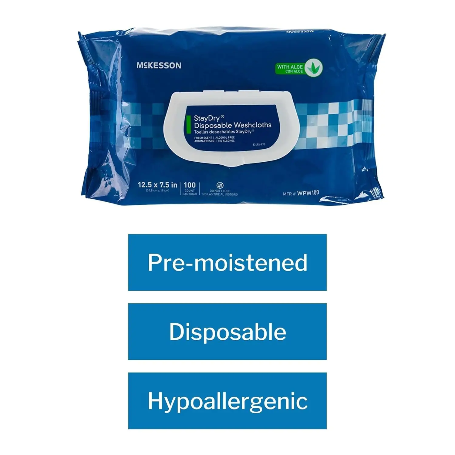 McKesson StayDry Disposable Wipes or Washcloths for Adults with Aloe, Incontinence, Alcohol-Free, Not-Flushable, Pleasantly Frag