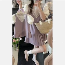 Mommy and Daughter Matching Cute Dress Baby Girls White Blouse and Sleeveless Dresses Set Two Purple Pieces Mom and Me Outfits