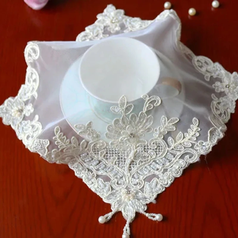 European Handmade Beaded Lace Square Table Mat Coaster Jewelry Antique Cover Phone Desk Lamp Bedroom Study Kitchen Decoration