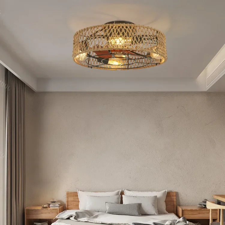 American Retro Fan Ceiling Light APP Remote Control Dining Room Living Room Bedroom Ceiling Light Hemp Rope Ceiling Fan Light