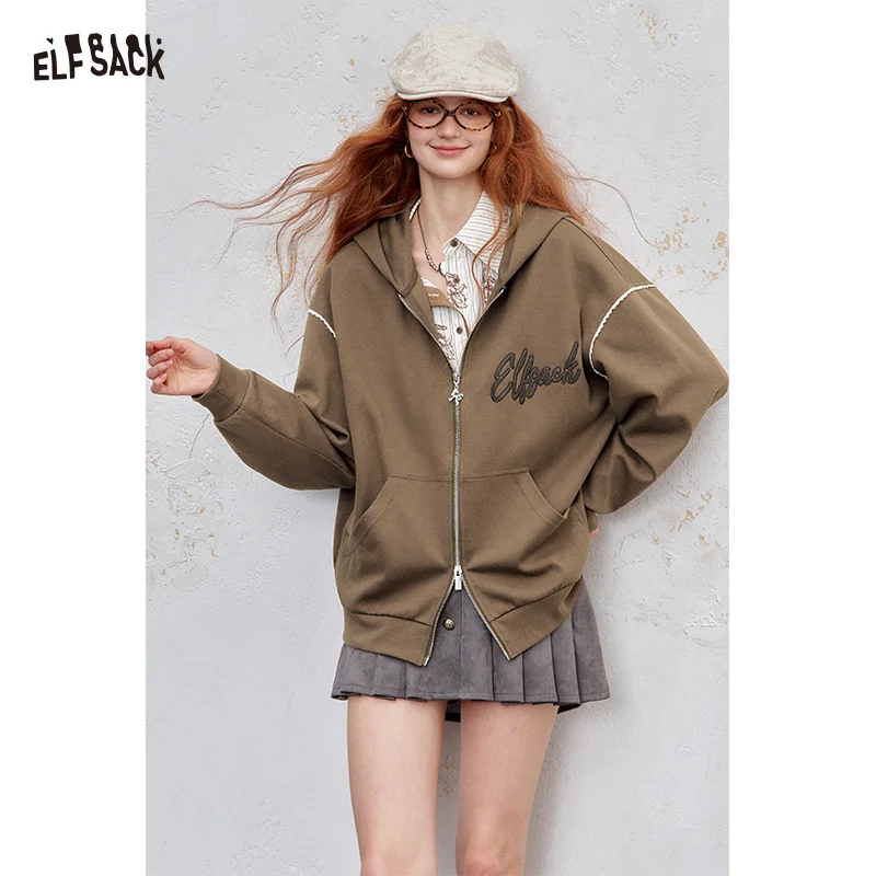 

ELFSACK 2025 Autumn New Arrival Casual Solid Color Hoodie Embroidered Logo Zip Up Pullover Sweatshirt For Woman