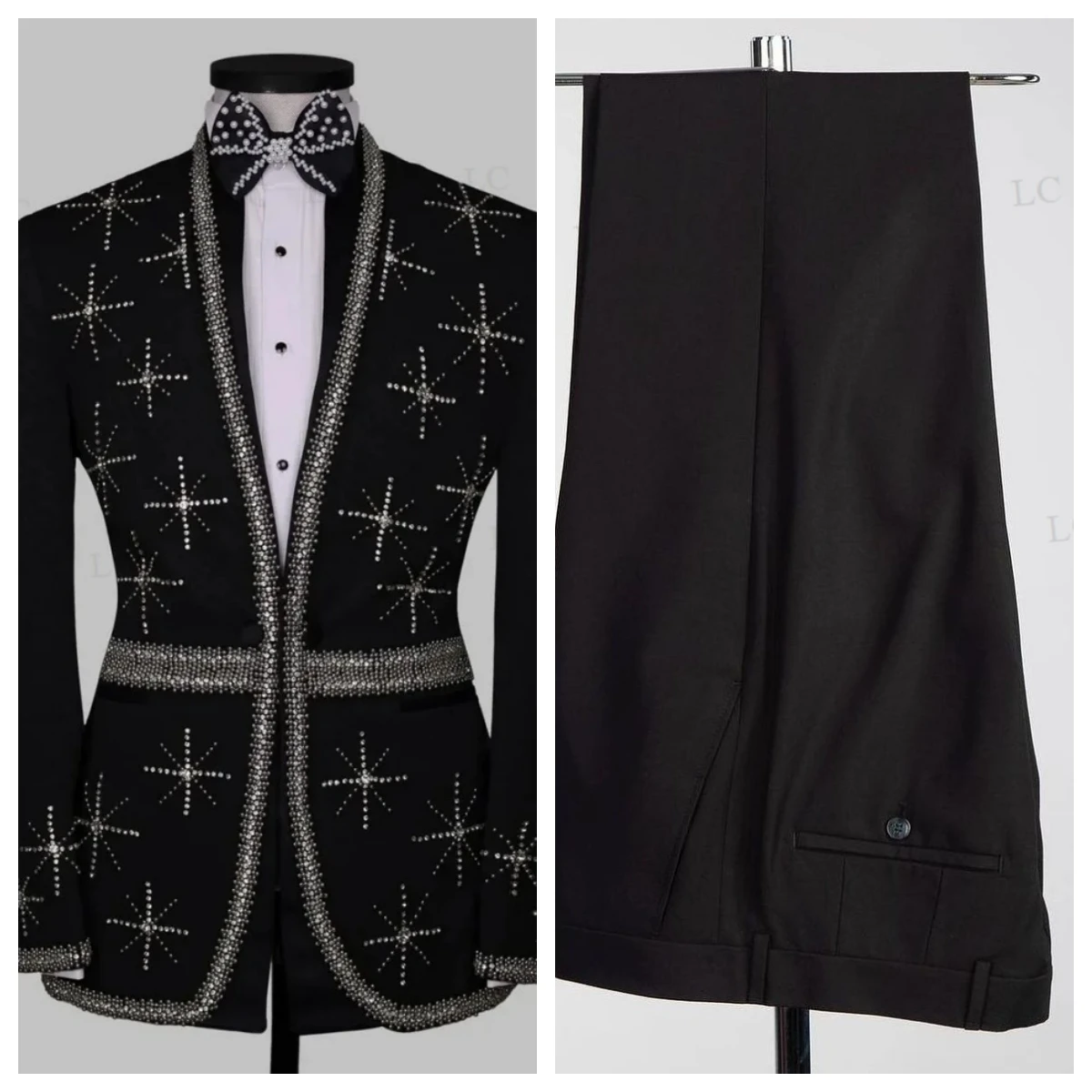 

Beadings 2 Pieces Blazer Pants Men Suits No Lapel Diamonds Classic Fashion Tuxedo Slim Wedding Groom Prom Plus Size Customed