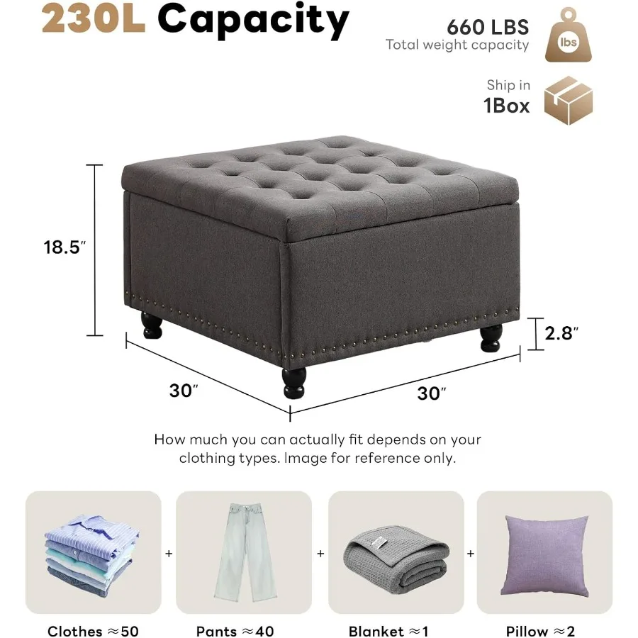 Duża kwadratowa pufa z miejscem do przechowywania, tapicerowana, stolik kawowy z ukrytym schowkiem, powiększony podnóżek-pufa do salonu.