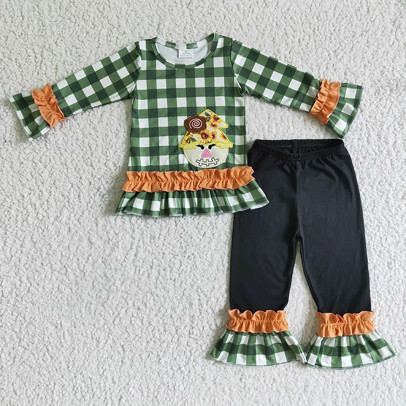 

Wholesale Fall Baby Girl Embroidery Scarecrow Clothes Toddler Green Plaid Cotton Pants Infant Outfit Children Kid Halloween Set