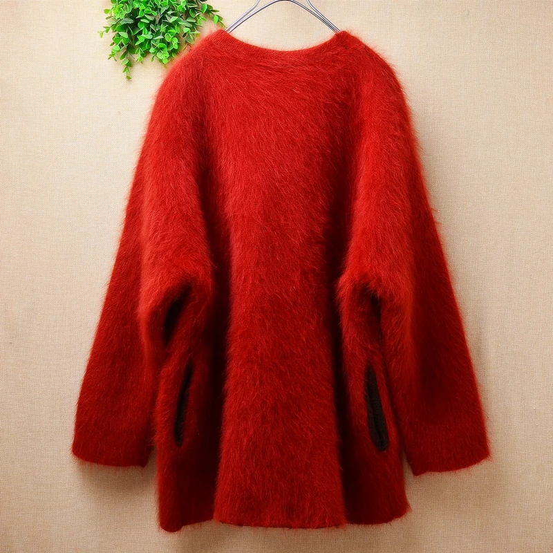 Female Women Fall Winter Clothing Hairy Mink Cashmere Knitted Long Sleeves Loose Cardigans Mantle Angora Sweater Jacket Coat