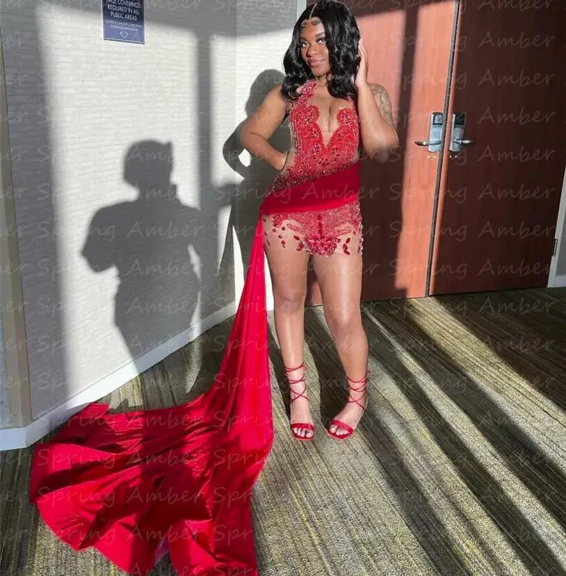 

Sexy Red Gorgeous Prom Dresses Crystal Rhinestone Sexy Girl Birthday Party Graduation Gowns Side Long Train Black Girl Y2K Maxi