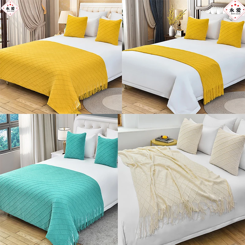 European Style Bed Runner Knitting Tassel Trimmings Bed Runners Home Decor Bed Flag Hotel Homestay Wedding Room Decor Bed Cover